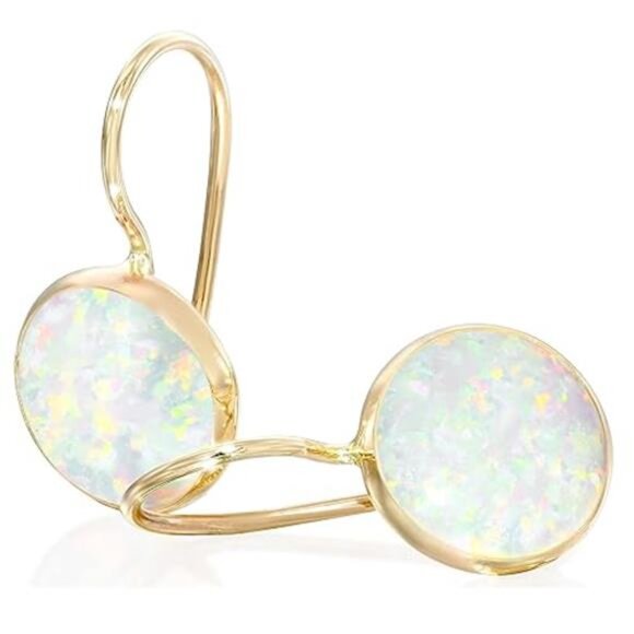 14k Solid Yellow Gold White Opal Earrings - October Birthstone Earrings - 8mm - Picture 8 of 8